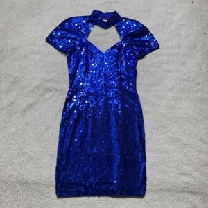 Niteline Della Roufogali Dress Womens 6 Blue Sequin Choker Cut Out Shift Lined
